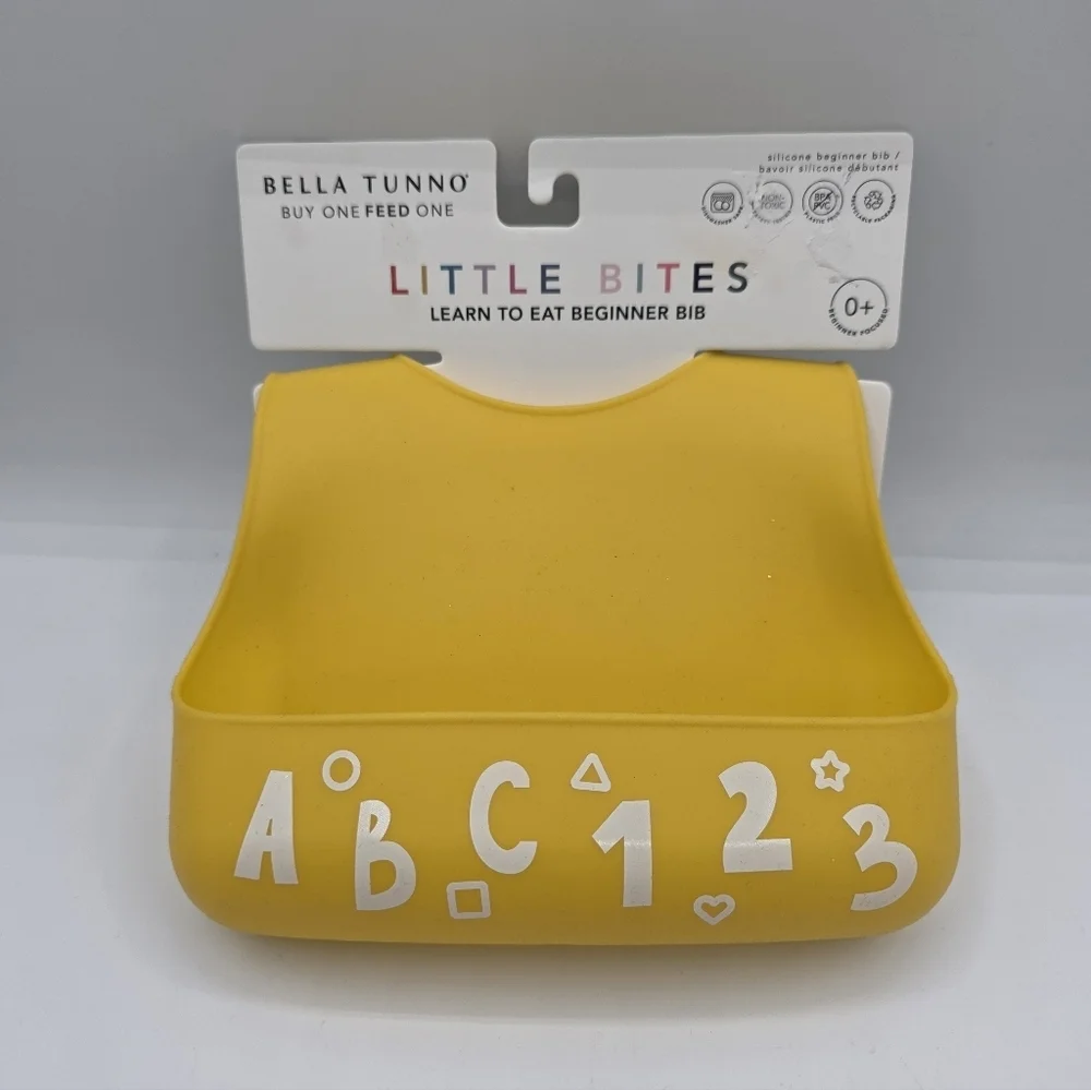 Bella Tunno Little Bites Silicone Bib NWT Learn to Eat Beginner 0+ ABCs Yellow
